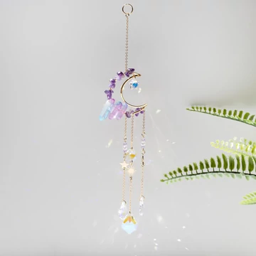 Lakásdekor, hold minta ametiszt és festett hegyikristály, üveggel, au szín, kb. 26,5 cm