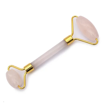 Rózsakvarc masszázs roller, 2 hengeres, arany szín, kb. 14 cm
