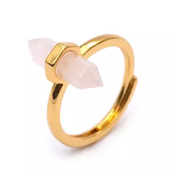 Rózsakvarc hexagonális kristály gyűrű, réz, állítható, arany szín, 16x7 mm