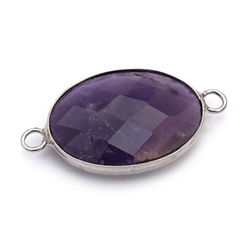 Ametiszt összekötő elem, ovál, fazettált, ezüst szín, 17x23 mm, 1 db