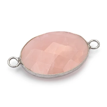 Rózsakvarc összekötő elem, ovál, fazettált, ezüst szín, 17x23 mm, 1 db