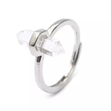 Hegyikristály hexagonális kristály gyűrű, réz, állítható, ezüst szín, szintetikus, 16x7 mm