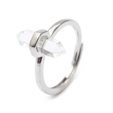 Hegyikristály hexagonális kristály gyűrű, réz, állítható, ezüst szín, szintetikus, 16x7 mm