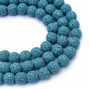 Lávakő, szintetikus, világoskék golyós szál,  8 mm, kb. 38 cm