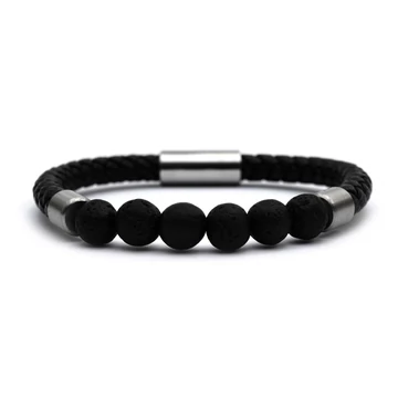 Férfi bőr karkötő, lávakő 8 mm, mágnes kapoccsal, 21 cm