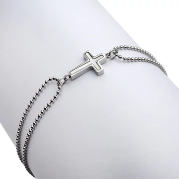 Nemesacél gyöngyház keresztes, golyós láncos, ezüst színű karkötő, kb. 17-21 cm