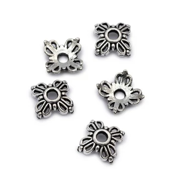 Virág mintás gyöngykupak, antikolt ezüst szín, virág 8x2 mm, 10 db