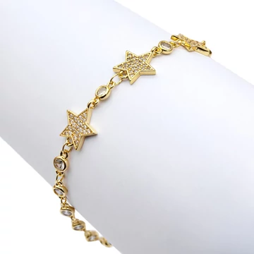 Nemesacél, csillagos, végig köves, arany light színű ásvány karkötő, kb. 17-21 cm