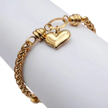 Nemesacél, vastag fonott szemes, karikával,szív medállal, arany színű karkötő, kb. 17-21 cm