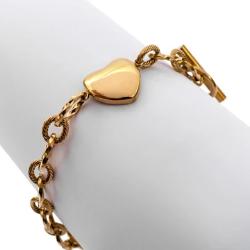 Nemesacél, nagy sima szíves, fazettált szemes, arany színű karkötő, kb. 17-21 cm