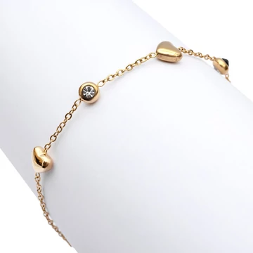 Nemesacél, szív és fehér-fekete cirkónia kővel, arany színű karkötő, kb. 17-21 cm