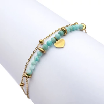 Amazonit, 4 mm fazettált golyós és arany láncos ásvány és nemesacél karkötő, kb. 17 cm