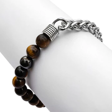 Tigrisszem 8 mm , vastag lánccal és karabínerrel ásvány karkötő, 17 cm