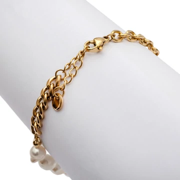 Nemesacél, teny.gyöngy és rózsaszín köves, arany színű ásvány karkötő, kb. 17-21 cm