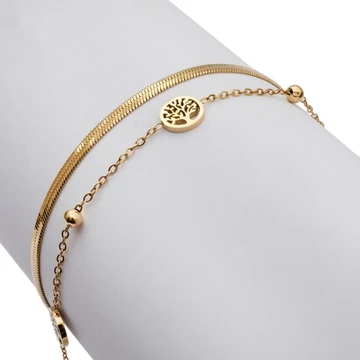 Nemesacél, pici, kerek, életfa medálos, arany színű lapláncos karkötő, kb. 17-21 cm