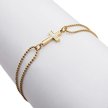 Nemesacél gyöngyház keresztes, golyós láncos, arany színű karkötő, kb. 17-21 cm