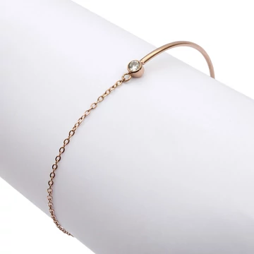 Nemesacél, merev,félíves, köves, rosegold színű ásvány karkötő, kb. 17-21 cm