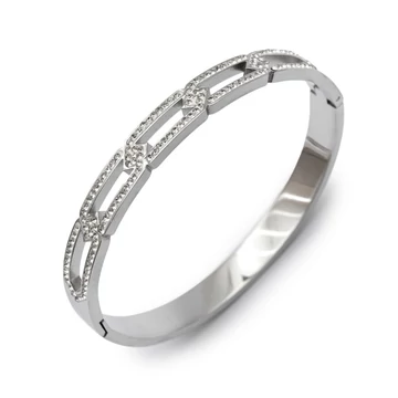 Nemesacél, köves ezüst színű merev karkötő, kb. 17 cm