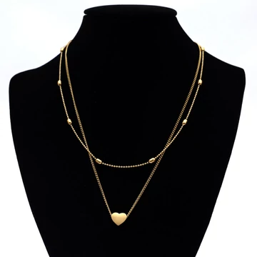 Nemesacél nyaklánc arany színű, 2 soros, szív medálos lánchosszabbítóval, 39+5 cm
