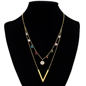 Nemesacél nyaklánc arany színű, 2 soros, színes köves-V medállal lánchosszabbítóval, 39+5 cm