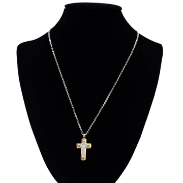 Nemesacél nyaklánc ezüst színű, arany csíkos kereszt medállal lánchosszabbítóval, 39+5 cm