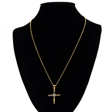 Nemesacél nyaklánc arany színű, 4+1 köves kereszt medállal lánchosszabbítóval, 39+5 cm