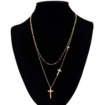 Nemesacél nyaklánc arany színű, 2 soros, 3 kereszt medállal lánchosszabbítóval, 39+5 cm