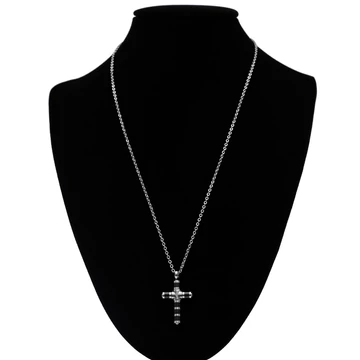 Nemesacél nyaklánc ezüst színű, fekete csíkos kereszt medállal lánchosszabbítóval, 39+5 cm