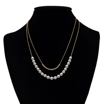 Nemesacél nyaklánc arany színű, 2 soros, gyöngyös lánchosszabbítóval, 39+5 cm