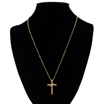 Nemesacél nyaklánc arany színű, 3 köves kereszt medállal lánchosszabbítóval, 39+5 cm