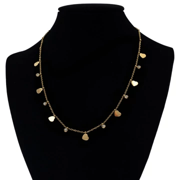 Nemesacél nyaklánc arany színű, pici szivecskés-köves, lánchosszabbítóval, 40+5 cm