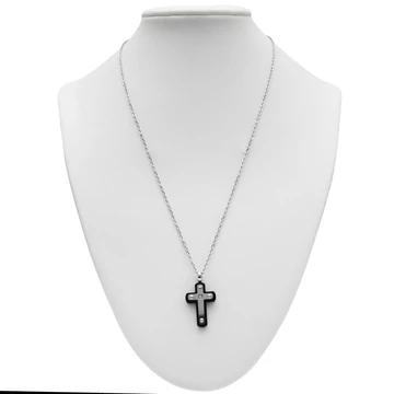 Nemesacél nyaklánc ezüst színű, fekete szegecses kereszt medállal lánchosszabbítóval, 39+5 cm