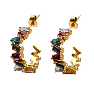 Nemesacél fülbevaló, színes-köves, félkerek, arany színű, kb. 20 mm (1 pár)