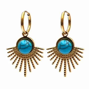 Nemesacél fülbevaló, tüskék fazonú, türkinit köves, arany színű, kb. 21-37 mm (1 pár)