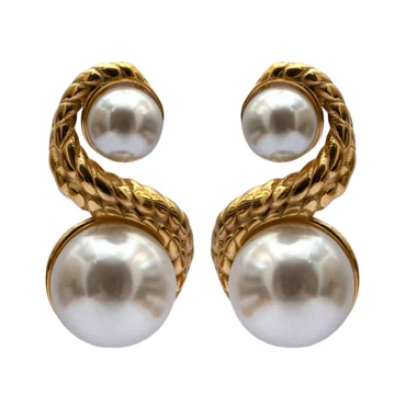 Nemesacél fülbevaló, 2 gyöngyös, arany színű, kb. 13-22 mm (1 pár)