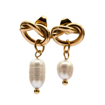 Nemesacél fülbevaló, 1 gyöngyös, csomózott forma, arany színű, kb. 12-25 mm (1 pár)