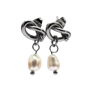 Nemesacél fülbevaló, 1 gyöngyös, csomózott forma, ezüst színű, kb. 12-25 mm (1 pár)