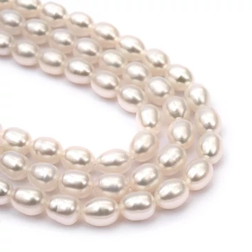 Édesvizi tenyésztett gyöngy szál, fehér, rizs, 5,5x7 mm, kb. 40 cm