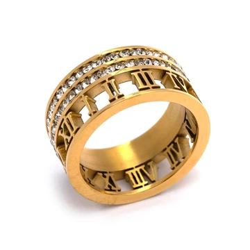 Nemesacél gyűrű, római számos-köves, arany színű, kb. 54-55 méret