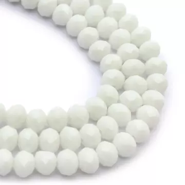 Kristály fazettált button szál, fehér, opak, tejfehér, 8x6 mm, kb. 40 cm, 65-68 szem/szál