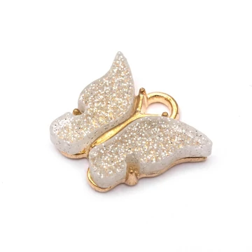 Törtfehér pillangó csillámos medál, 13x15 mm (1 db)