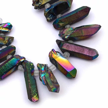 Aurakvarc csúcs szál, színezett, AB, fém szín, 20-50x6-15 mm, kb. 9 cm