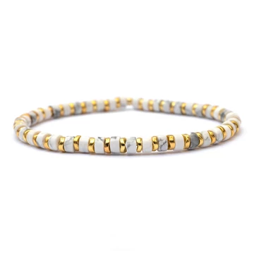 Howlit és hematit korong női gumis ásvány karkötő, 2x4 mm, 16 cm