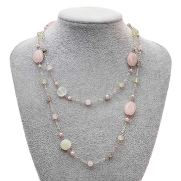 Divatnyaklánc, rózsakvarc, labradorit, prehnit és tenyésztett gyöngy, végrelen, kb. 98 cm