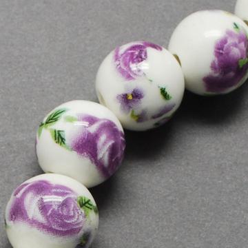 Porcelán gyöngy fehér alapon lila orhidea virág mintával, 8 mm (10 db)