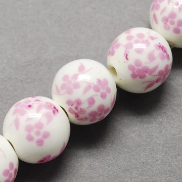 Porcelán gyöngy fehér alapon rózsaszín virág mintával, 8 mm (10 db)
