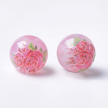 Festett üveggyöngy rózsazsín alapon rózsa mintával 8 mm (3 db)
