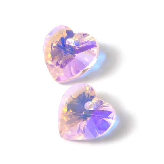 Üveg charm, szív forma, egyik oldalon fúrt, fazettált, AB rózsaszín, 10x10 mm (2 db)