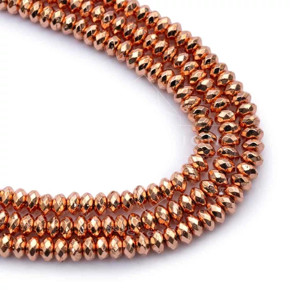 Hematit button szál, rosegold aranyozott, 18K, fazettált, 2x4 mm, kb. 38 cm