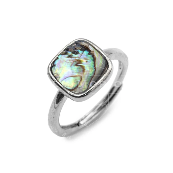 Abalone (páva) kagyló, gyűrű, négyzet, állítható, ezüst szín, 10x10 mm